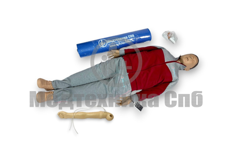 P011CPR/II НИКИТА II Манекен-симулятор полноростовой для отработки навыков сердечно-лёгочной реанимации с дополнительной головой для интубации, рукой для внутривенных и внутримышечных инъекций и внешним световым контроллером. Отработка переворота в устойч